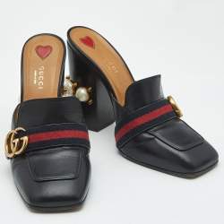 Pre Owned صندل غوتشي لوفرز جي جي جلد أسود مزخرف لؤلؤ نمط ويب مقاس 34