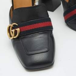 Pre Owned صندل غوتشي لوفرز جي جي جلد أسود مزخرف لؤلؤ نمط ويب مقاس 34