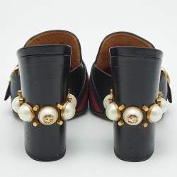 Pre Owned صندل غوتشي لوفرز جي جي جلد أسود مزخرف لؤلؤ نمط ويب مقاس 34