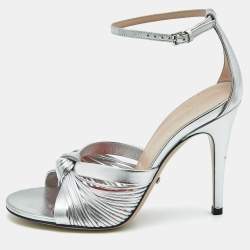 Gucci Silver Leather Allie Knot Ankle Strap Sandals Size 36
