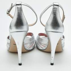 Gucci Silver Leather Allie Knot Ankle Strap Sandals Size 36