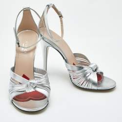 Gucci Silver Leather Allie Knot Ankle Strap Sandals Size 36