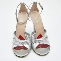 Gucci Silver Leather Allie Knot Ankle Strap Sandals Size 36