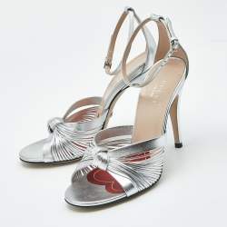 Gucci Silver Leather Allie Knot Ankle Strap Sandals Size 36