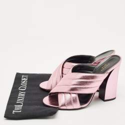 Pre Owned Gucci Rose Gold Quilted Leather Crisscross Block Heel Slide Sandals Size 40.5