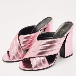 Pre Owned Gucci Rose Gold Quilted Leather Crisscross Block Heel Slide Sandals Size 40.5