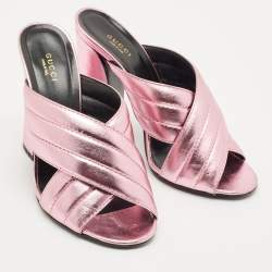 Pre Owned Gucci Rose Gold Quilted Leather Crisscross Block Heel Slide Sandals Size 40.5