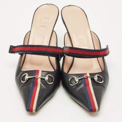 Gucci Black/Red Leather Emma Web Strap Horsebit Mules Size 40.5