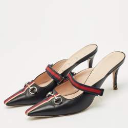 Gucci Black/Red Leather Emma Web Strap Horsebit Mules Size 40.5