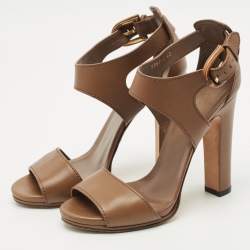 Pre Owned Gucci Brown Leather Bamboo Buckle Ankle Strap Sandals Size 40