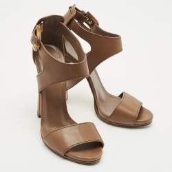 Pre Owned Gucci Brown Leather Bamboo Buckle Ankle Strap Sandals Size 40