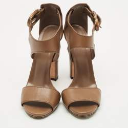 Pre Owned Gucci Brown Leather Bamboo Buckle Ankle Strap Sandals Size 40