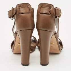 Pre Owned Gucci Brown Leather Bamboo Buckle Ankle Strap Sandals Size 40