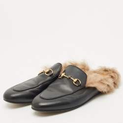 مملوكة مسبقًا صندل سلايد غوتشي برينستون فرو و جلد أسود مقاس 37