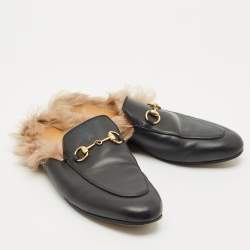 مملوكة مسبقًا صندل سلايد غوتشي برينستون فرو و جلد أسود مقاس 37