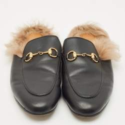 مملوكة مسبقًا صندل سلايد غوتشي برينستون فرو و جلد أسود مقاس 37