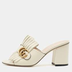 Gucci Cream Leather GG Marmont Fringe Block Heel Slide Sandals Size 39