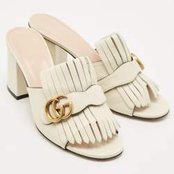 Gucci Cream Leather GG Marmont Fringe Block Heel Slide Sandals Size 39
