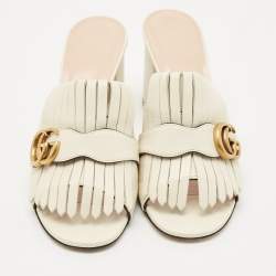 Gucci Cream Leather GG Marmont Fringe Block Heel Slide Sandals Size 39