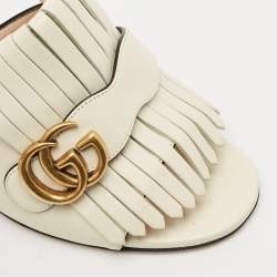 Gucci Cream Leather GG Marmont Fringe Block Heel Slide Sandals Size 39