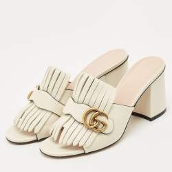Gucci Cream Leather GG Marmont Fringe Block Heel Slide Sandals Size 39