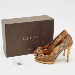 Pre Owned Gucci Bronze GG Fabric Horsebit Peep Toe Platform Pumps Size 37.5