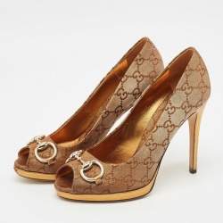 Pre Owned Gucci Bronze GG Fabric Horsebit Peep Toe Platform Pumps Size 37.5
