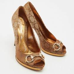 Pre Owned Gucci Bronze GG Fabric Horsebit Peep Toe Platform Pumps Size 37.5