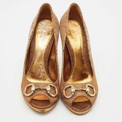 Pre Owned Gucci Bronze GG Fabric Horsebit Peep Toe Platform Pumps Size 37.5