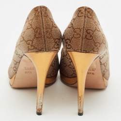 Pre Owned Gucci Bronze GG Fabric Horsebit Peep Toe Platform Pumps Size 37.5