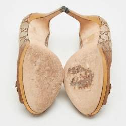 Pre Owned Gucci Bronze GG Fabric Horsebit Peep Toe Platform Pumps Size 37.5