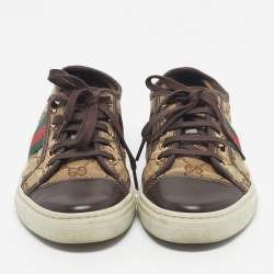 مملوكة مسبقًا حذاء رياضي غوتشي \"آيس\" ببني وبيج من كانفاس جي جي سوبريم وتفاصيل ويب وبنمط منخفض من أعلى مقاس 37