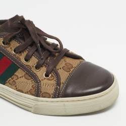 مملوكة مسبقًا حذاء رياضي غوتشي \"آيس\" ببني وبيج من كانفاس جي جي سوبريم وتفاصيل ويب وبنمط منخفض من أعلى مقاس 37