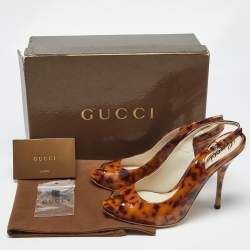 Pre Owned Gucci Brown Tortoise Shell Patent Leather Slingback Pumps Size 38
