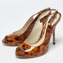 Pre Owned Gucci Brown Tortoise Shell Patent Leather Slingback Pumps Size 38