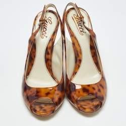 Pre Owned Gucci Brown Tortoise Shell Patent Leather Slingback Pumps Size 38