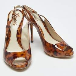 Pre Owned Gucci Brown Tortoise Shell Patent Leather Slingback Pumps Size 38