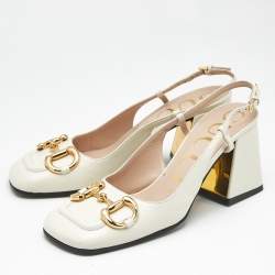 Pre Owned Gucci Cream Leather Horsebit Slingback Pumps Size 35