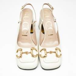 Pre Owned Gucci Cream Leather Horsebit Slingback Pumps Size 35