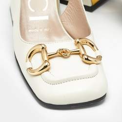 Pre Owned Gucci Cream Leather Horsebit Slingback Pumps Size 35