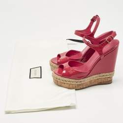 Pre Owned Gucci Coral Red Patent Leather Holie Wedge Sandals Size 35