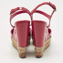 Pre Owned Gucci Coral Red Patent Leather Holie Wedge Sandals Size 35