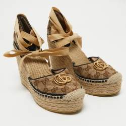 Pre Owned حذاء جوتشي كعب عالي إسبرادريل منصة ساق مربوط قماش GG بني/بيج مقاس 39