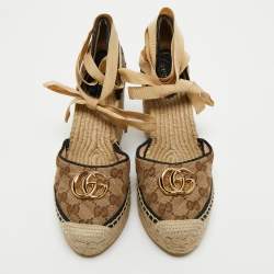 Pre Owned حذاء جوتشي كعب عالي إسبرادريل منصة ساق مربوط قماش GG بني/بيج مقاس 39