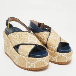 Pre Owned Gucci Beige/Blue GG Raffia and Leather Angelina Platform Sandals Size 39.5