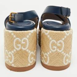 Pre Owned Gucci Beige/Blue GG Raffia and Leather Angelina Platform Sandals Size 39.5