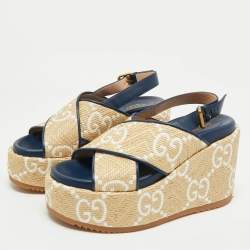 Pre Owned Gucci Beige/Blue GG Raffia and Leather Angelina Platform Sandals Size 39.5