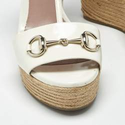 Pre Owned Gucci Cream Patent Leather Horsebit Wedge Espadrille Sandals Size 39.5
