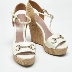 Pre Owned Gucci Cream Patent Leather Horsebit Wedge Espadrille Sandals Size 39.5