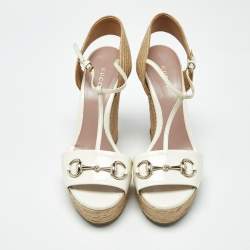 Pre Owned Gucci Cream Patent Leather Horsebit Wedge Espadrille Sandals Size 39.5